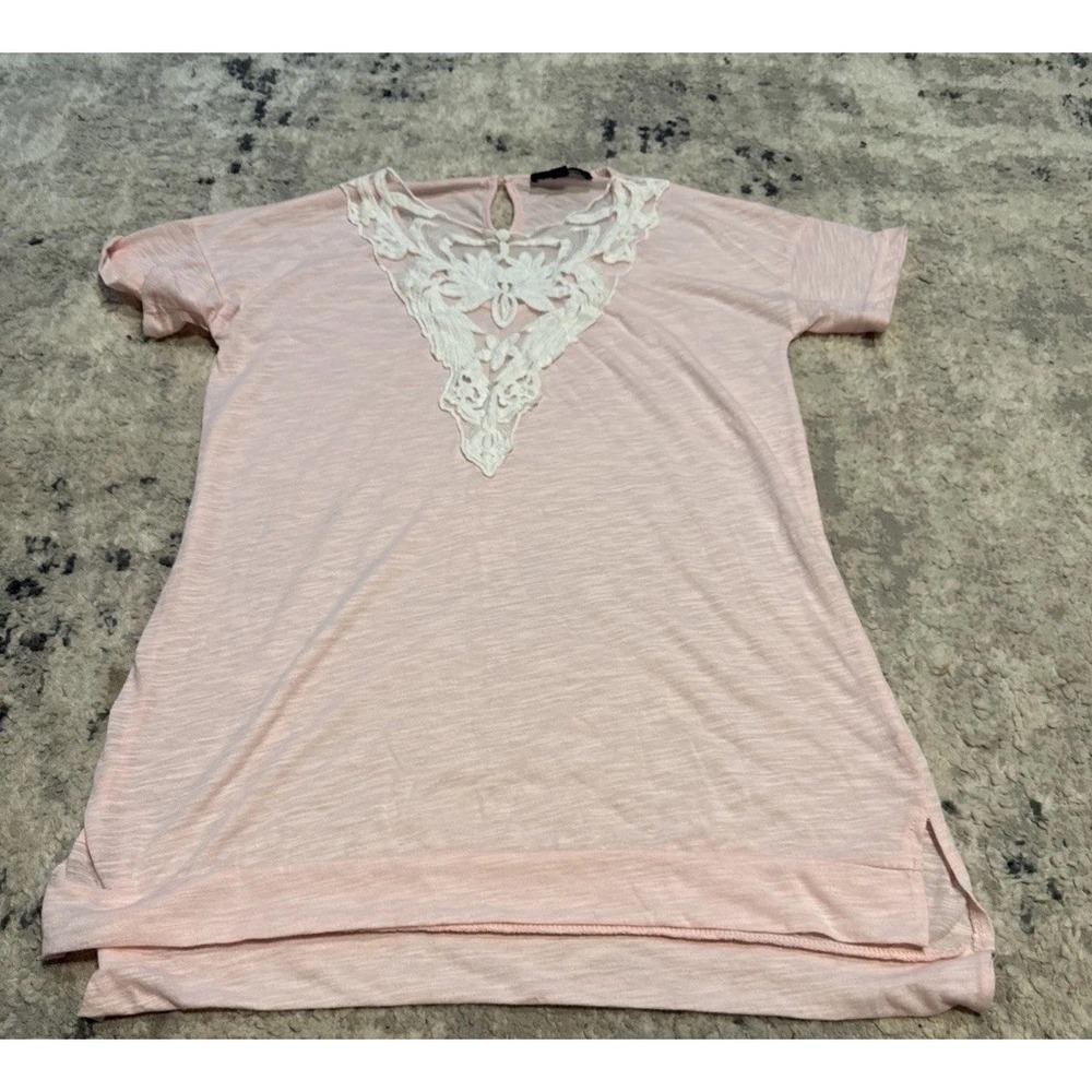 Suzanne Betro Linen Blend Sz Small pink White Lace Shirt Womens Short Sleeve